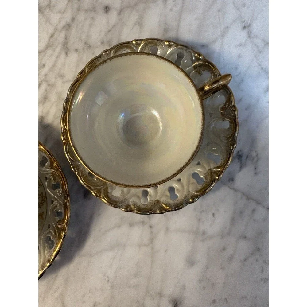 Set of 2 Vintage Yamato Lusterware Tea Cups & Pierced Saucers